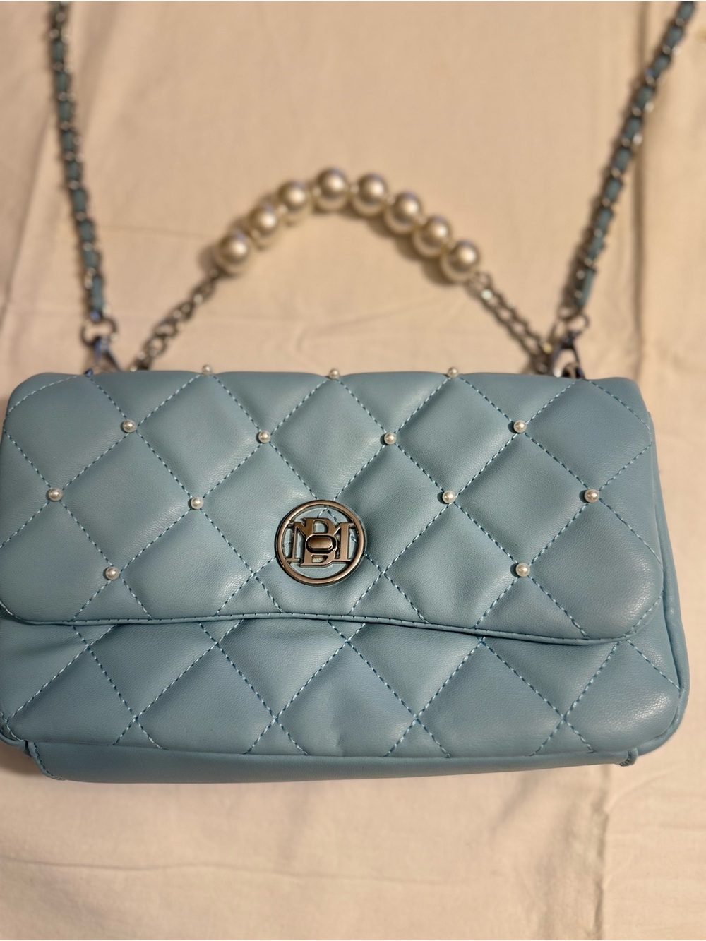 Badgley Mischka Quilted Pearl-Stud Crossbody in Light Blue